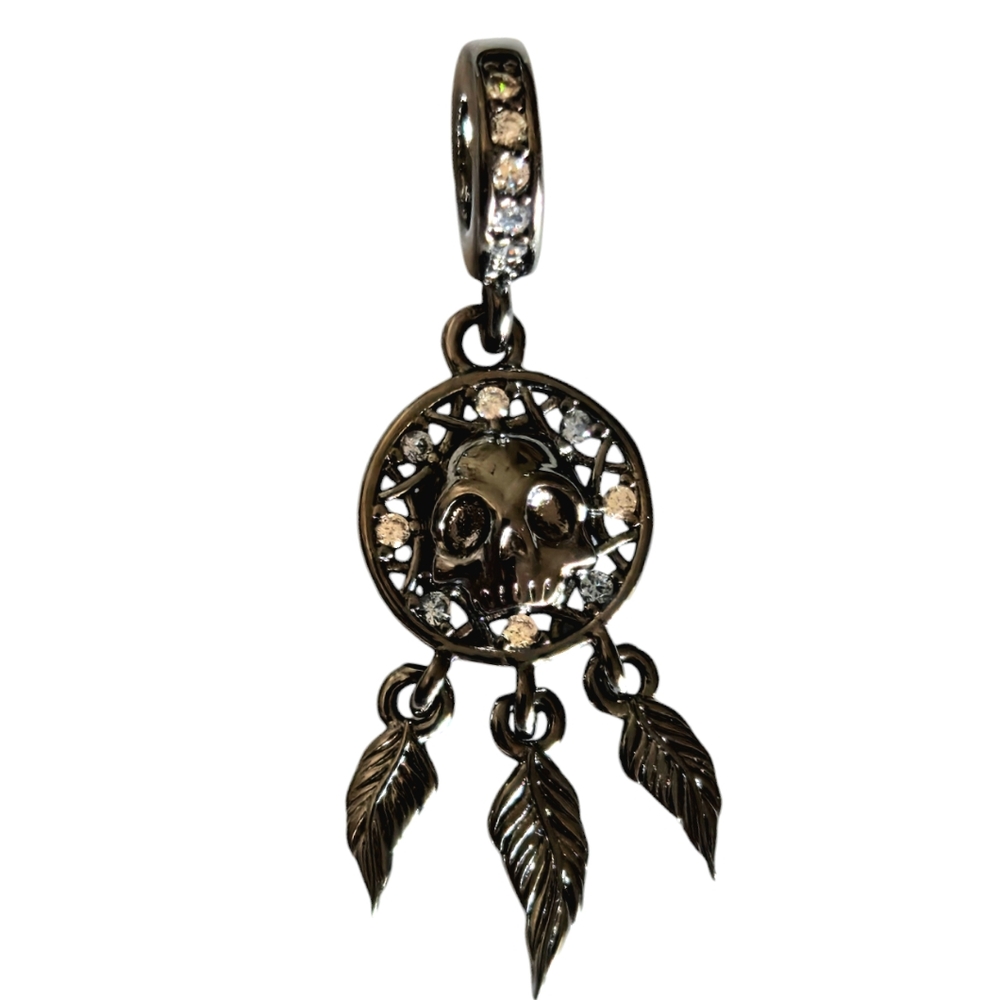 Sterling Silver Black Skull Dreamcatcher Dangle Bracelet Charm with Rhinestones